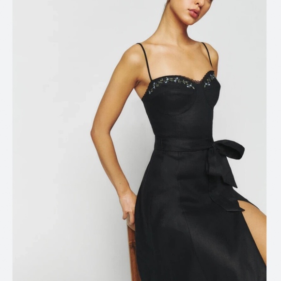 NEW Reformation Kieryn Linen Midi Dress - Black - Picture 4 of 10